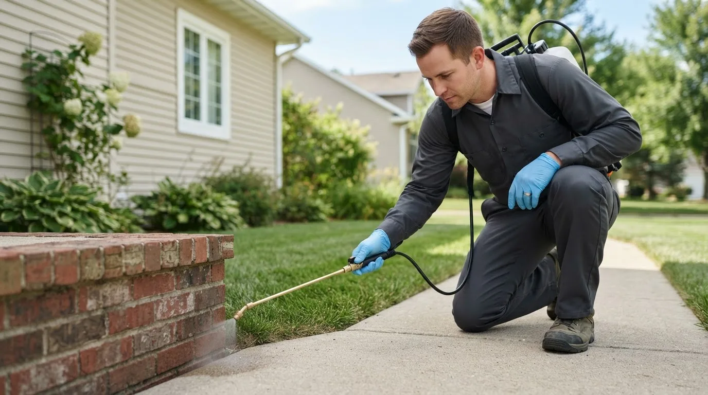 Pest control technician treating a home near Hudgins, VA